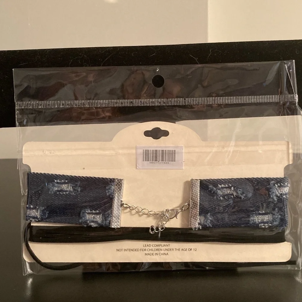 MIA choker set Blue distressed denim with sparkly silver glitter.